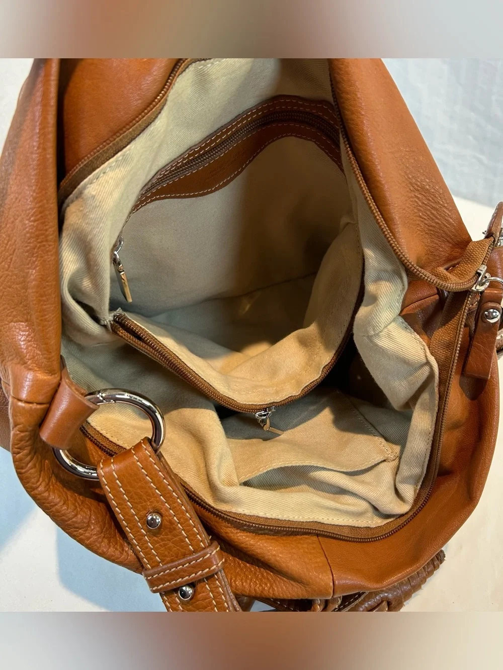 Structured Italian Leather Hobo Bag in Cognac with Wrapped Leather Accents